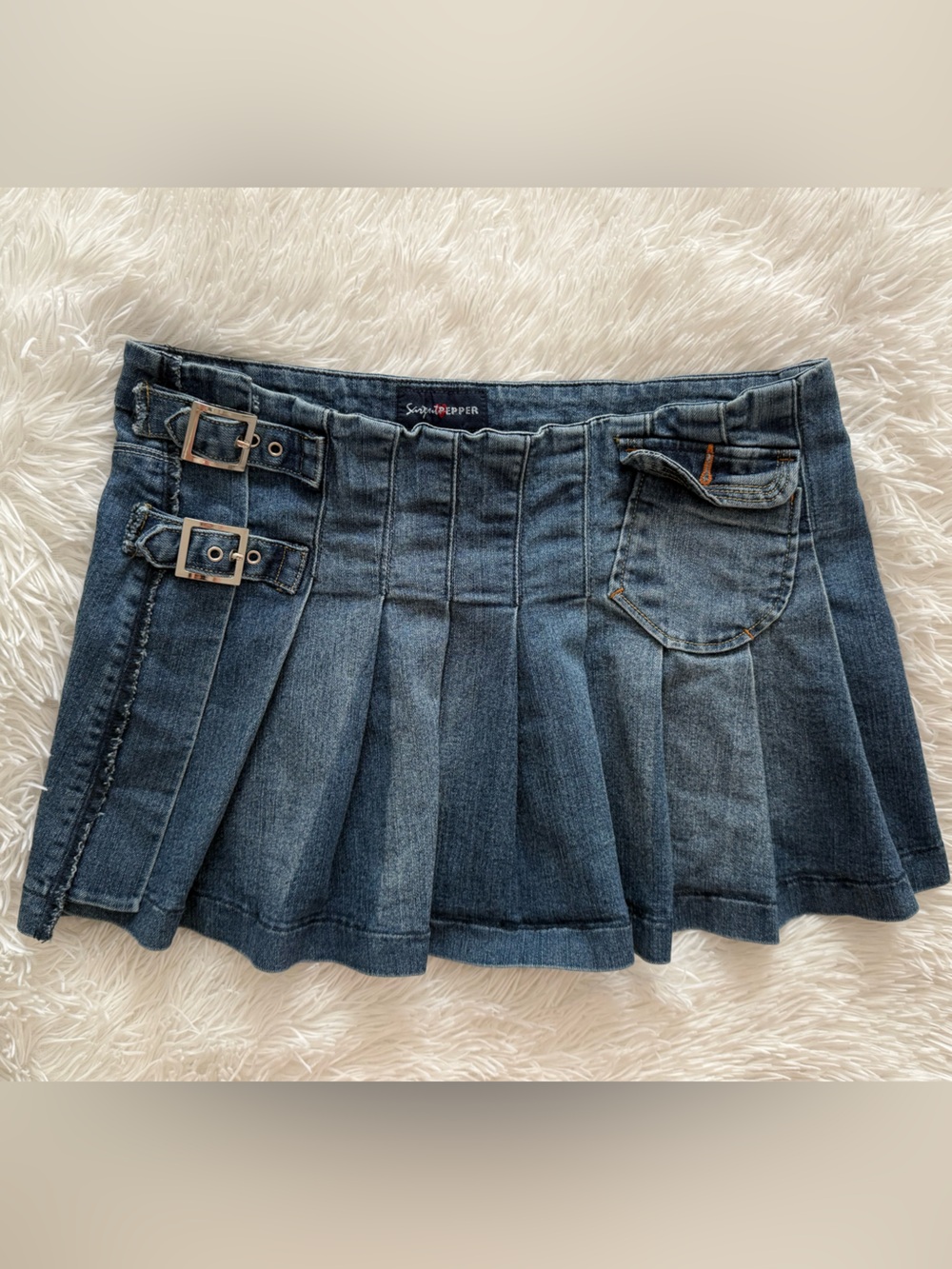 Y2K Dark Blue Pleated Denim Mini Skirt with Side Buckles
